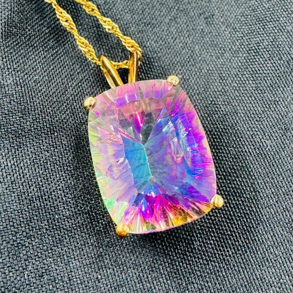 Vtg 14K Gold Mystic Topaz Pendant Necklace With Rope Chain Made In Croatia - Picture 7 of 16
